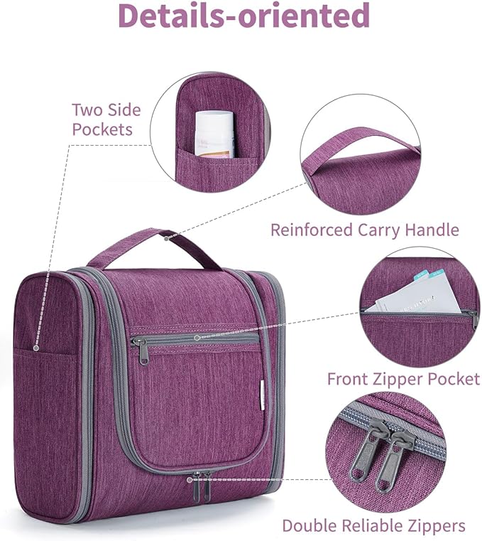 Hanging Toiletry Bag for Women Travel Makeup Bag Organizer Toiletries Bag for Cosmetics Essentials Accessories (Large, Dark Purple)