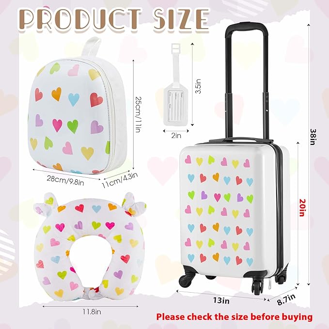 Sanwuta 4 Pcs Kids Luggage Set Kids Backpack Travel Rolling Suitcase with Wheels U-shape Pillow Childrens Gift for Girls Boys(20 Inch,Heart Style,White)