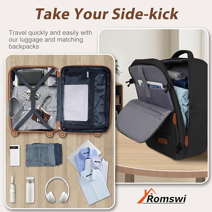 Romswi Luggage Sets 2 Piece 22In, Expandable 22x14x9 Carry On Luggage with Travel Backpack, PC+ABS Hardside Suitcase Set with TSA Lock, Durable Carry On Suitcase with Spinner Wheels for Men Black