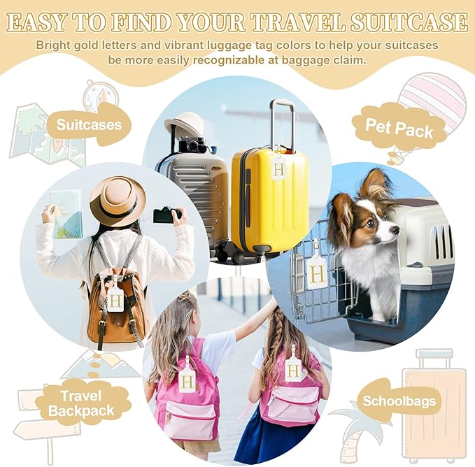 Personalized Initial Luggage Tags for Suitcase TSA Approved, White Leather Cute Luggage Tag with Privacy Cover Name Card, Embroidered Custom Luggage Tags Travel Baggage Tags Gifts for Women Kids(H)