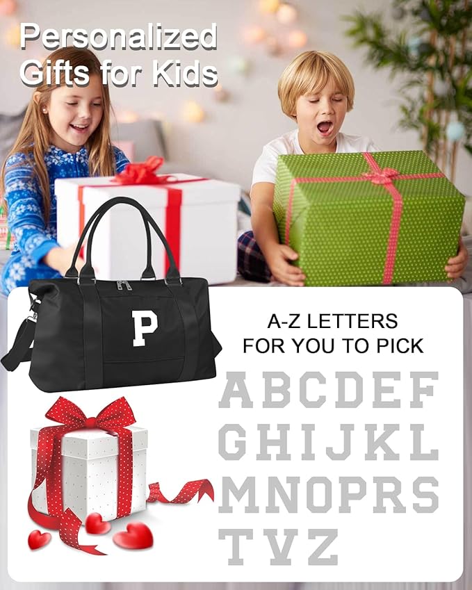 Initial Travel Duffel Bag Sports Gym Bag for Boys Teen Birthday Gifts,Black Personalized Weekender Bag Carry On Tote Bags for Men,Waterproof Overnight Luggage Bag Airplane Travel Essentials(Letter P)