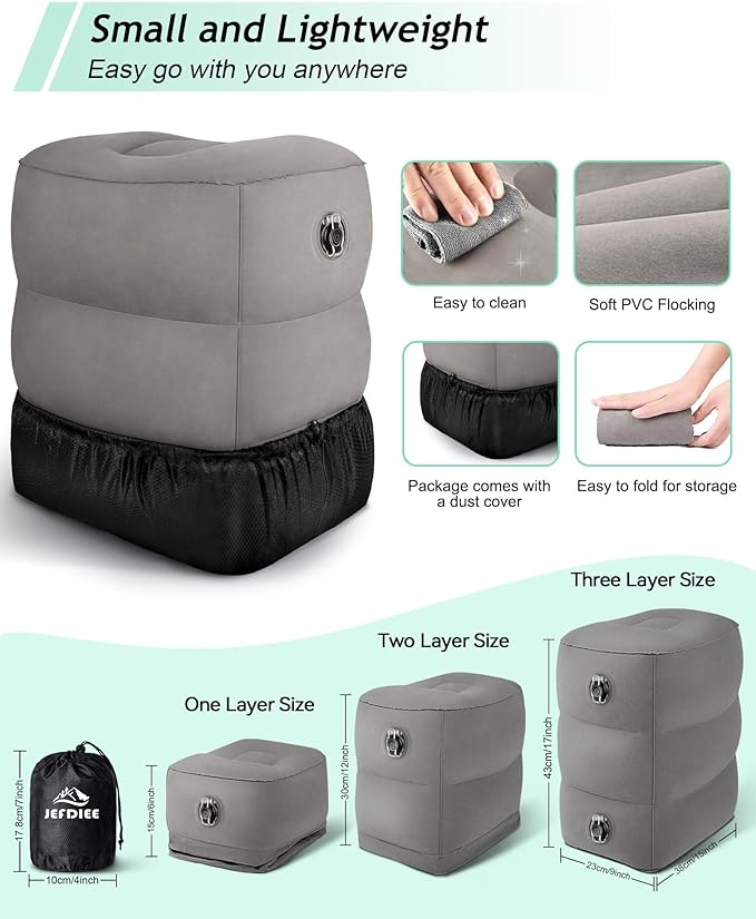 JefDiee Inflatable Foot Rest Pillow, Kids Airplane Bed, Adjustable 3 Layers Height Leg Rest Pillow, Airplane Travel Essentials Great for Office, Home, Trains, Cars