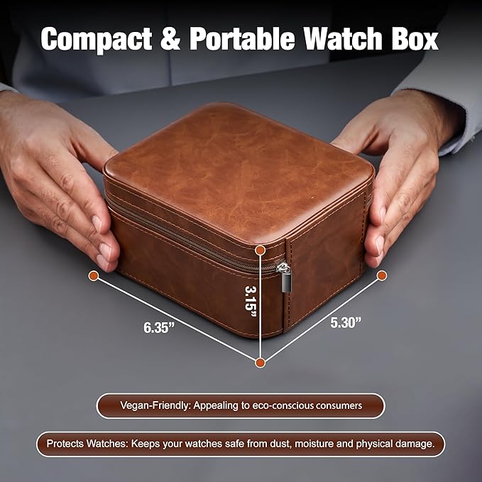 Awesometik Luxury Travel PU Leather Watch Case. Watch Storage Organizer. Watch Display & Watch Holder. Perfect For Watch Collection. Ready to Gift for Men (Brown/Brown, Engraved 2 Slot Watch Case)