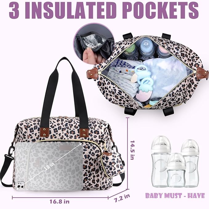 Tuwubi Diaper Bag Tote,Baby Diaper Bag with Pacifier Case Large Travel Diaper Tote Caddy for Mom and Dad Multifunction Large Baby Bag - Leopard Print