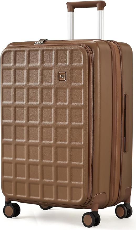 aji Expandable Top Opening 26 Inch Checked Luggage with Spinner Wheels, Large Suitcase with TSA Lock, Hard Shell Travel luggage Suitcases for Men Women, for 20+Days Travel, Chocolate Brown