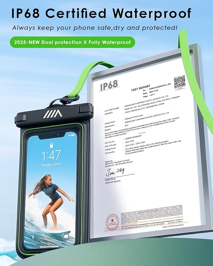 【2025 Upgraded】 2 Pack Black - IP68 Waterproof Phone Pouch Floating Design No Sink Waterproof Phone Case - Beach Pool Travel Essentials - Works w/All Phones - Detachable Lanyard - Black/Hi-Vis Green