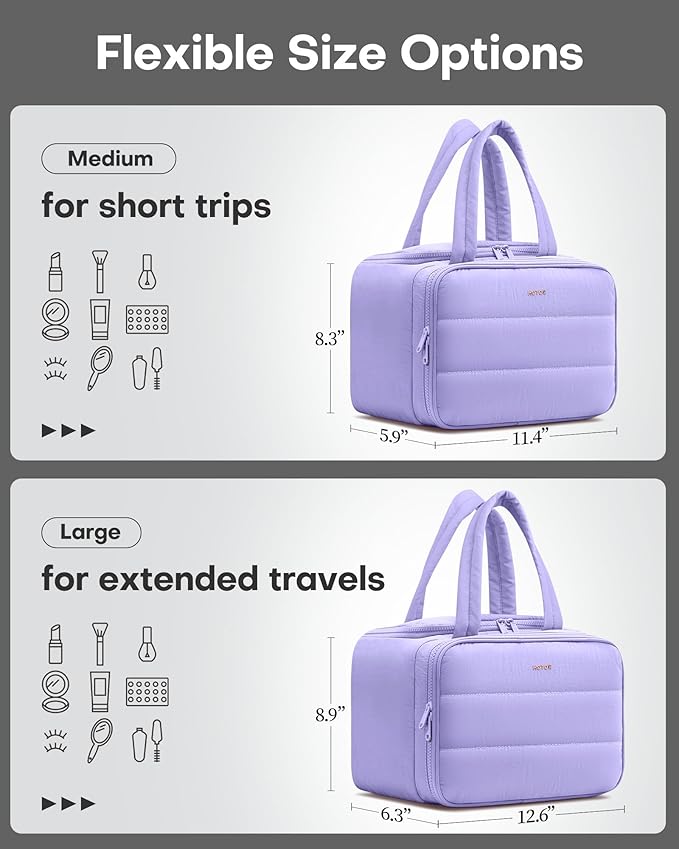 HOTOR Travel Toiletry Bag - Wide-Open Toiletry Bag for Women, Multi-Pocket Makeup Bag for Travel Essentials, Wet & Dry Separation Travel Accessories for Trip, Gym, 11.4" x 5.9" x 8.3", Purple