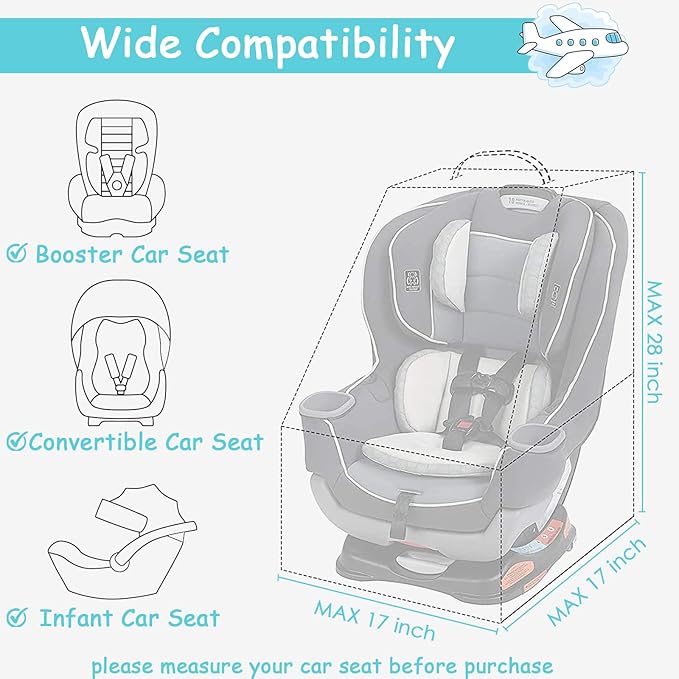 YOREPEK Padded Car Seat Travel Bag for Air Travel, Carseat Cover Backpack with Shoulder Straps, Large Carseat Gate Check Bag, Baby Travel Essential(Light Cyan)