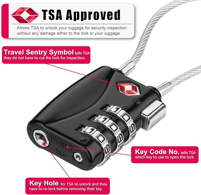ZHEGE TSA Cable Luggage Lock Small Padlock for Suitcase, Baggage, Backpack, Pistol Case (2 Pack, Black)