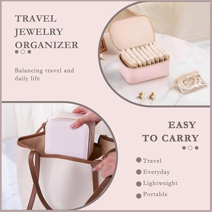 Jewelry Box Organizer for Women,Small Travel Jewelry Case,Mini Travel Jewelry Organizer with 8 Velvet Jewelry Zipper Pouches, Jewelry Box Organizer for Christmas Birthday(Pink)