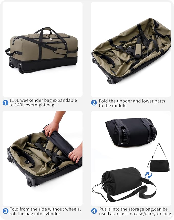 CONTAIL 32”110L Expandable 140L Rolling Duffle Bag with 2 Inline Wheels,Convertible Weekend Travel Bag with Bungee-Cord System,Army Green