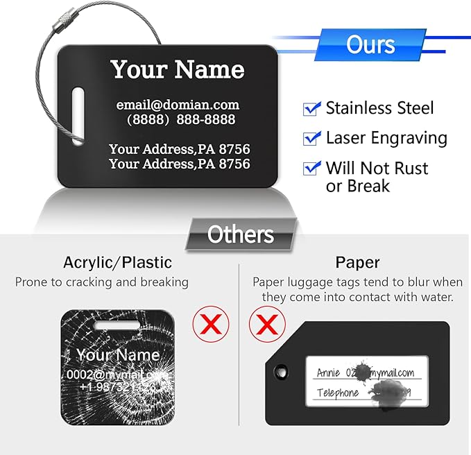 （2-Pack） Stainless Steel Custom Luggage Tags - Laser Engraved Personalized Travel Tags - Custom Name Identification Tags: for Suitcases, Backpacks, Bags and More (Black)