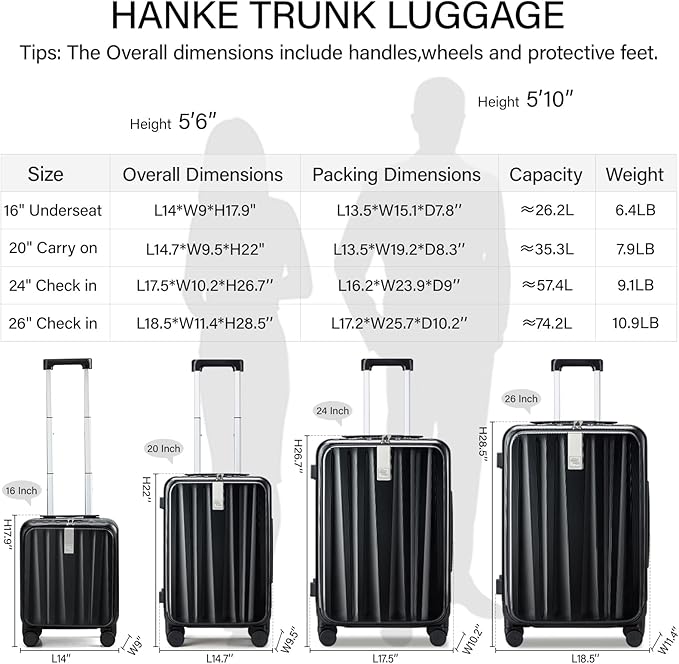 Hanke 24 Inch Checked Luggage PC Hard Shell Suitcases for Travel Front Opening Aluminum Frame Travel Luggage Rolling Suitcase with Wheels.(Jet Black)