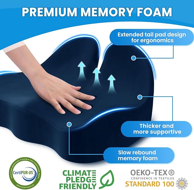 Seat Cushion, Memory Foam Office Chair Seat Cushion for Office Chairs/Car/Long Trip/Desk Chair/Gaming, Extra Large Size for Sciatica & Hip & Tailbone Pain Relief, Sciatica Support (Blue)