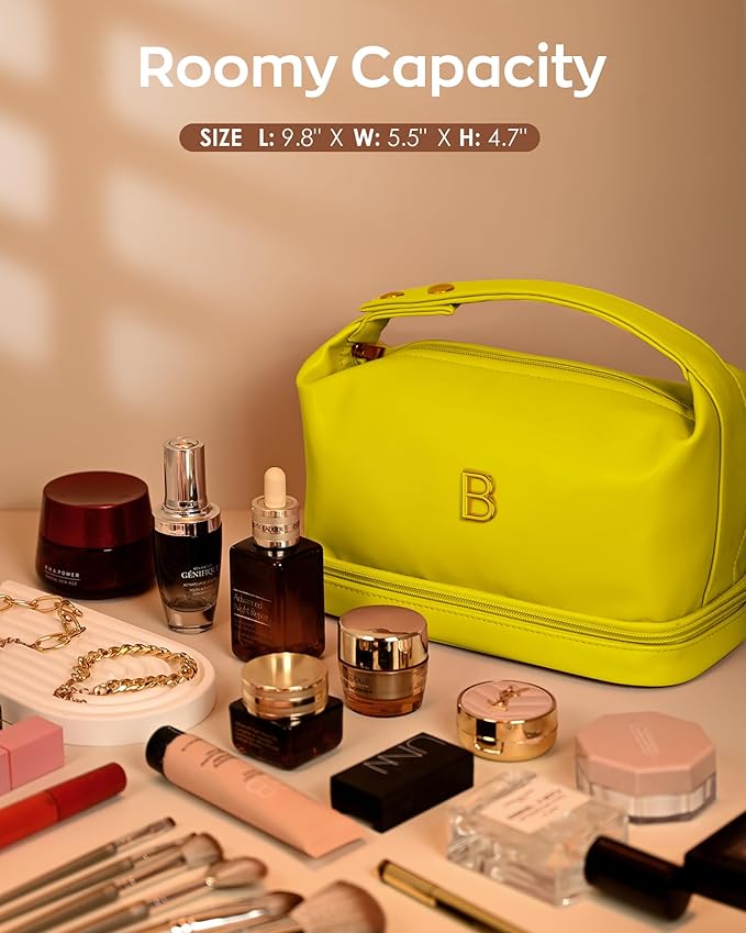 College Gifts for Women, Personalized Makeup Bag with Handle, Initial Double Layer Cosmetic Bag with Makeup Brush Organizer, Cute Cosmetic Pouch for Women, Gifts for Friends Female Mom