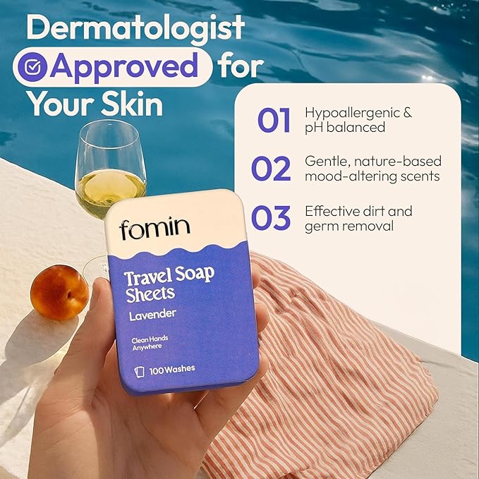 FOMIN - Antibacterial Paper Soap Sheets Tin for Traveling - (300 Sheets) Lavender - Portable Travel Hand Soap Sheet, Dissolvable Mini Camping Hand Soap for Hand Washing