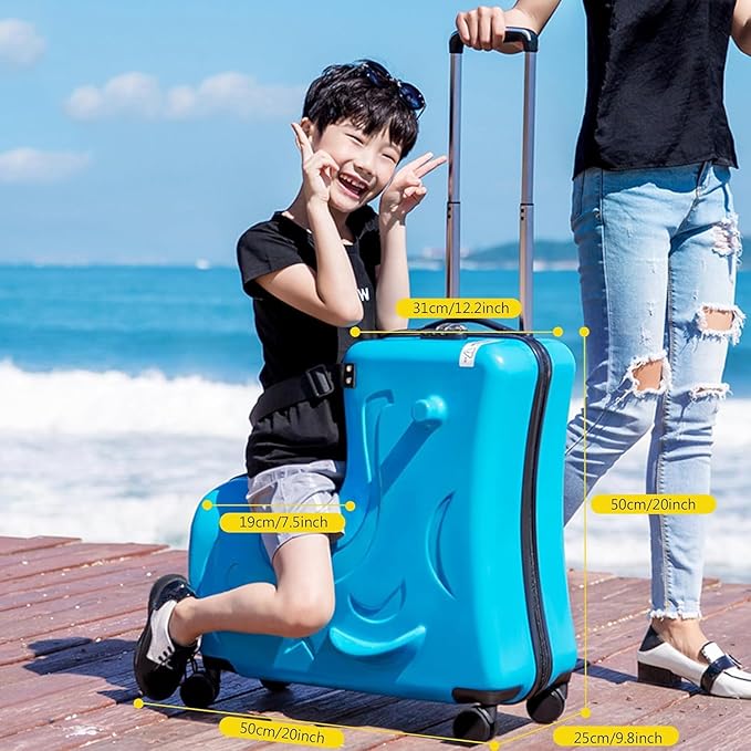 20" Kids Ride on Suitcase,Childrens Ride on Luggage with Safety Belt,Trolley Suitcase with Silent Wheel Combination Lock,Suitable for Kids Aged 1-8 Years Old (Blue)