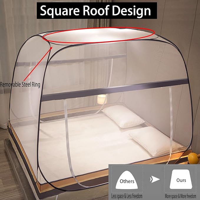 CMINGJ Mosquito Net for Bed, Portable pop up Mosquito Netting with Bottom, Free Installation-Suitable for Bedroom, Camping, Folding Portable Design for Baby Adults (Gray & Gray Bottom Edge)