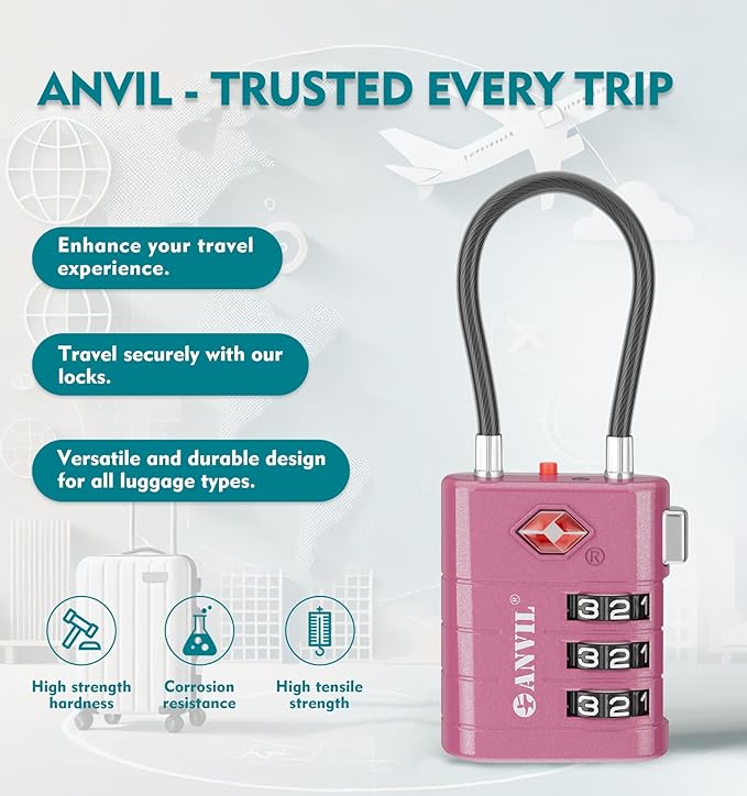 ANVIL TSA Approved Luggage Locks – High Security TSA008 Combination Travel Locks with Inspection Indicator for Suitcases and Backpacks. (4, Rose Purple)