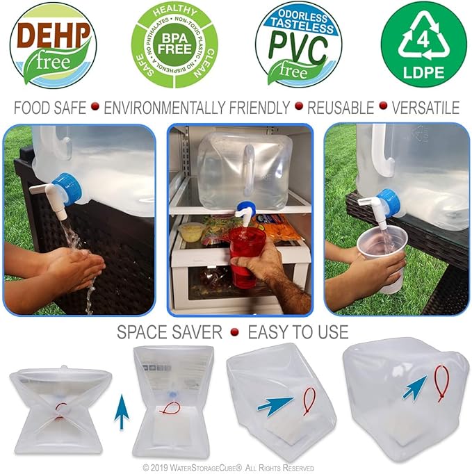 WaterStorageCube BPA Free Collapsible Water Container with Spigot, Camping Water Storage Carrier Jug for Outdoors Hiking Backpack & Survival Kit, Foldable Portable Water Canteen 1.3/2.6/5.3 Gallon