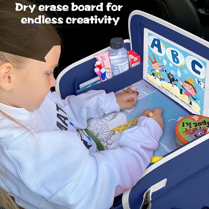 MENZOKE Kids Travel Tray, Car Seat Tray with Educational Drawing Board, Tablet Holder & Cooler Cup Holder,Essential for Car Travel & Holiday Gifts, Dinosaur Print Pattern, Dark Blue
