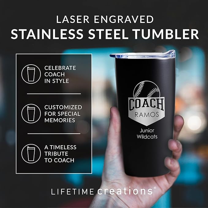 Lifetime Creations Custom Baseball Coach Tumbler - Baseball Coach Gifts for Men, Best Coach, Thank You Coaches, Baseball Senior Night Gifts (Matte Black 20 Ounce Cup)