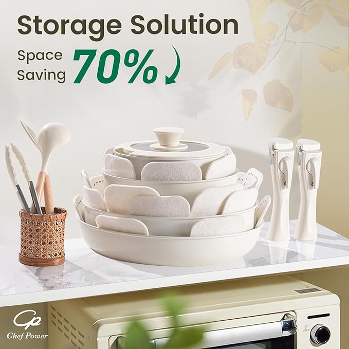 Chef Power Ceramic Cookware Set Non Toxic with Detachable Handles, Healthy Nonstick Pans and Pots Set 19 Pcs, Induction Dishwasher Oven Safe Kitchen Set, PFAS PFOA & PTFE Free, Cream White