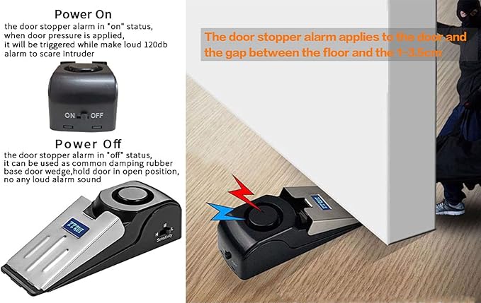 ZZRUI 2 Pack Door Stop Alarm with 120dB Siren, Wedge Door Stopper Security Device for Travel, Apartment, Hotel, Home – Portable Anti-Theft Floor Alarm for Entry Alert & Self Defense, Black