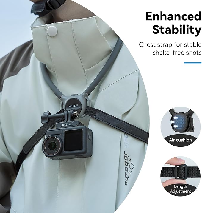 TELESIN Neck Mount SE 2.0 with Air Cushion, Adjustable Chest Strap and Neck Mount for Hands-Free POV Vlogging, for GoPro Hero 13/12/11/10/9, insta 360 X5/X4/X3/Ace Pro 2, Action 3/4/5 Pro, AKASO, etc.