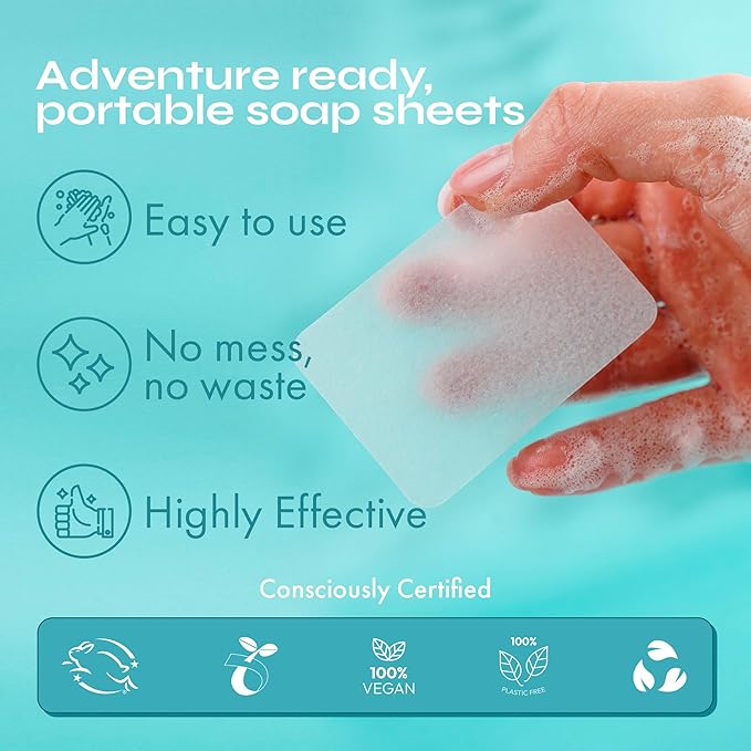 FOMIN - Paper Soap Sheets for Hand Washing - (100 Sheets) Jasmine Portable Travel Soap Sheets, Dissolvable Camping Mini Soap, Portable Hand Soap sheet