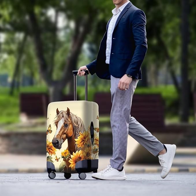 Horse Luggage Cover Universal Zip Suitcase Covers Elastic Spandex Fabric Baggage Cover Protector Butterfly Luggage Covers for Suitcase Non-Slip Baggage Case Covers(Sunflower), 22-25 Inch