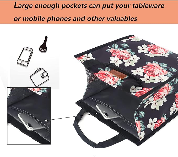 Lunch Bags for Women Insulated Reusable Lunch Tote with Internal Pocket, Lunch Tote bag for Work (Flower)
