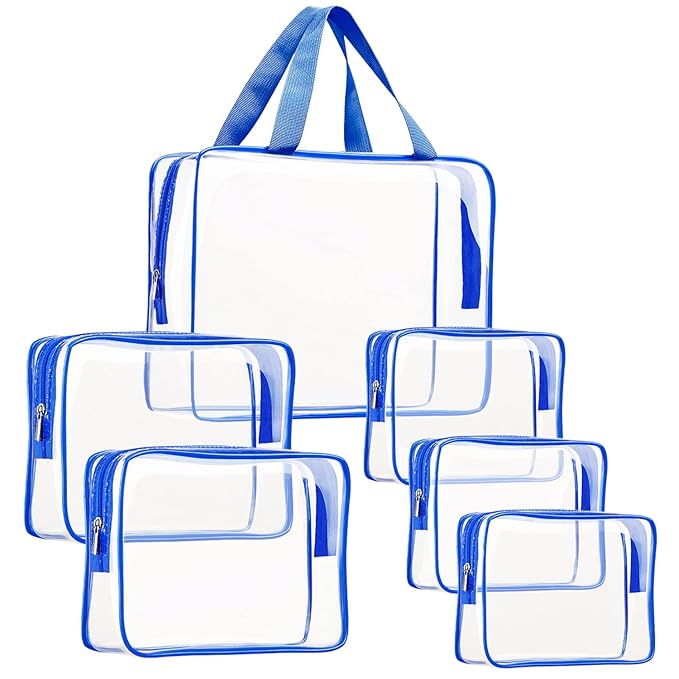 6Pcs Crystal Clear PVC Travel Toiletry Bag Kit for Women Men, Waterproof Vinyl Packing Organizer Storage Bags with Zipper Handle Straps, Cosmetic Pouch Carry on Airport Airline Compliant Bag Handbag