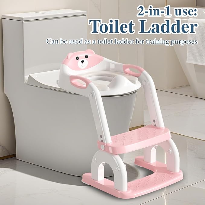 Potty Training Seat for Toddlers, Adjustable Height 2-in-1 Potty Training Toilet Ladder for Kids Boys Girls with Splash Guard, Waterproof Cushion, Anti-Slip Pad Step Stoo - Pink