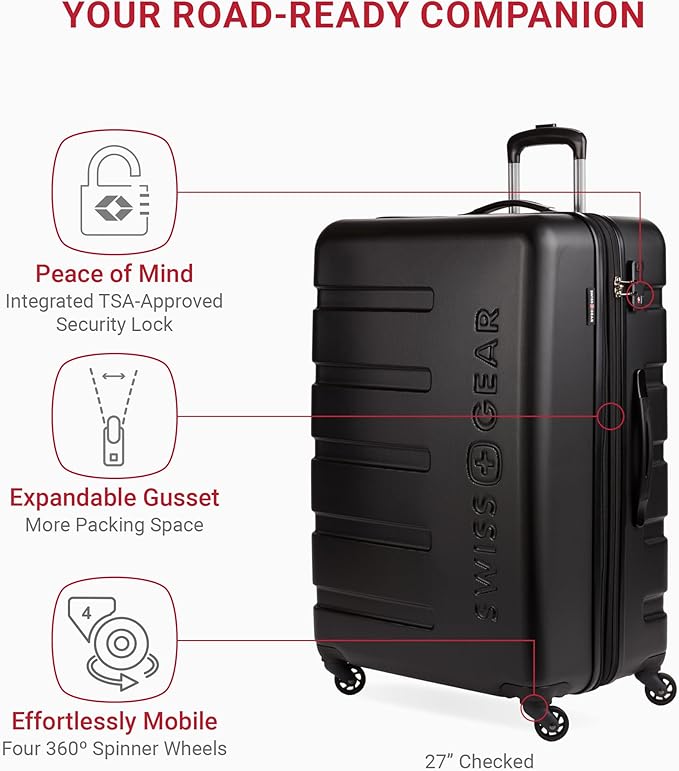 SwissGear 7366 Hardside Expandable Luggage with Spinner Wheels, Black, 3-Piece Set (19/23/27)