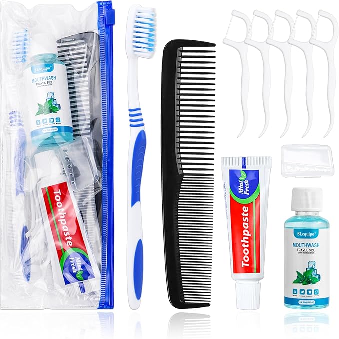 10 Set Travel Toothbrush Kit Bulk,Disposable Toothbrush with Toothpaste Set with Mouthwash,Toothpaste,Cover,Comb,Zip Bag,Floss Picks,Toothbrushes Set for Homeless,Travel