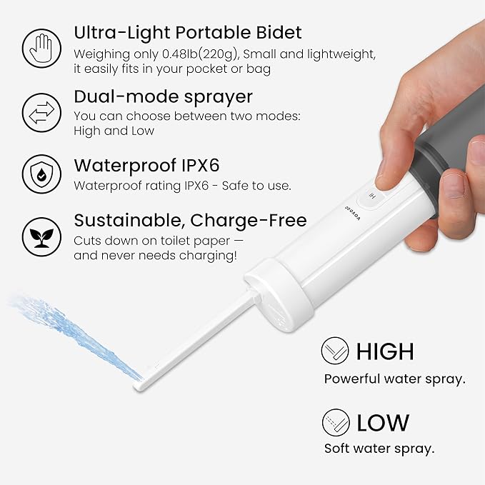 VOVO Go Portable Electric Bidet for Travel - 2 Adjustable Pressure Settings, Compact Handheld Bidet, Ideal for Personal Hygiene & Postpartum Care, Lightweight & Leak-Proof Design - 140ml, Black