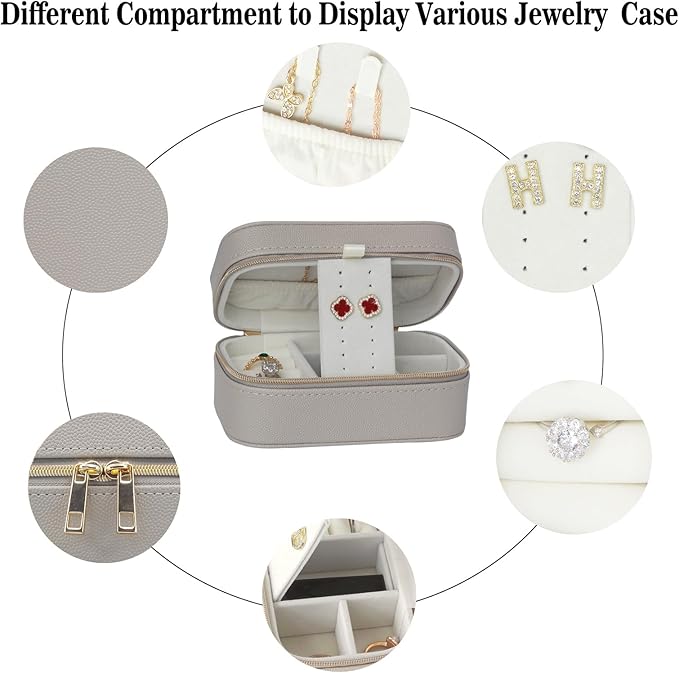 Travel Jewelry Case Bulk Of 4 For Women Weekend Trips, Gold Zip, PU Leather Compact Jewelry Organizer For Earring Bracelets Gray Travel Jewelry Box Set 4 Perfect For Small Bridesmaid Jewelry Box Gift