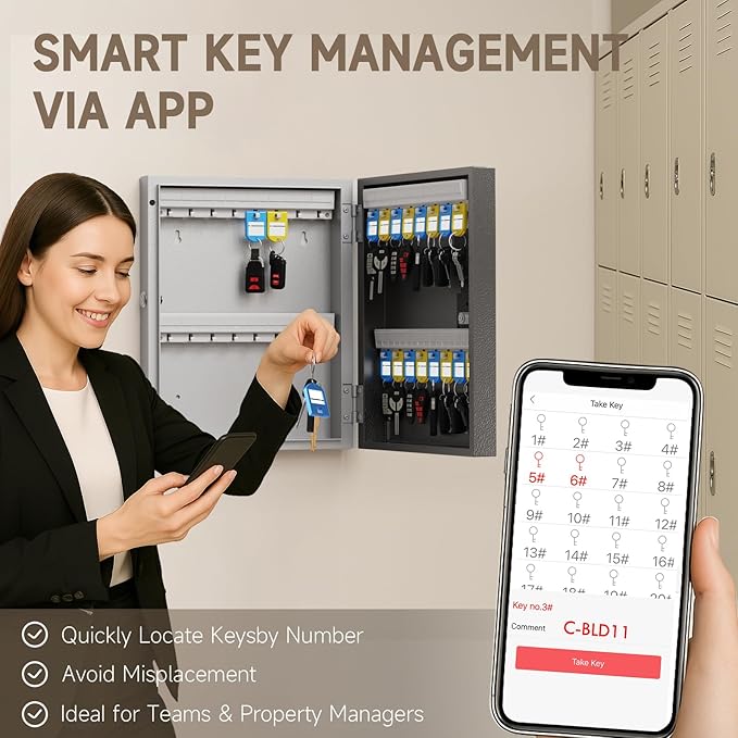 32 Key Lock Box Wall Mount, Smart Key Cabinet One Time Password/APP Bluetooth/Fixed/Wi-Fi Remote/Key Unlock, Key Management for Valets/Realtors/Office/Hotel