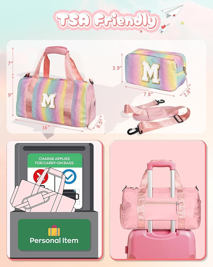 Girls Cheer Up Gifts-Girl Gym Bag with Shoe Compartment, Kid Personalized Weekender Dance Bags, Initial Travel Tote with Makeup Pouch, Graduation Gift for Niece Kids Daughter (Letter K)