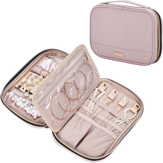 NISHEL Travel Jewelry Case, Holiday Organizer for Necklaces, Earrings, Rings, Bracelets, Watch, Pink