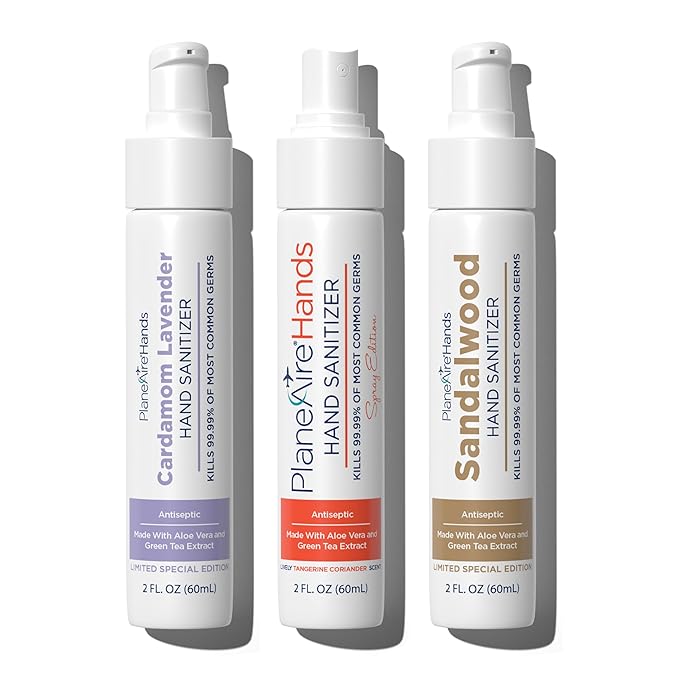 Relax & Rejuvenate Variety 3pk Hand Sanitizer | Cardamom Lavender Lotion, Tangerine Coriander Spray, Sandalwood Lotion | Travel Size | Made with Aloe Vera & Essential Oils | Rich in Vitamin E