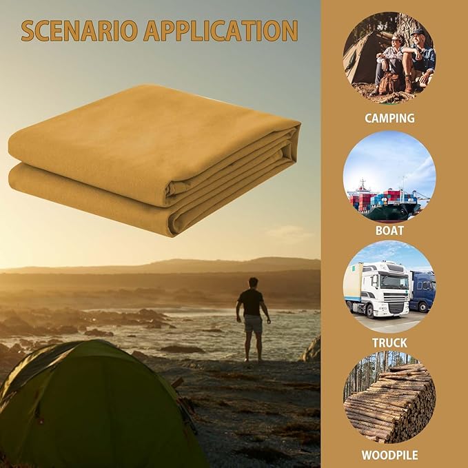 FoundGo 10x12ft Canvas Tarp 22 Mil Tarps 14 oz Canvas Tarpaulin Heavy Duty Cloth Water/UV Resistant Cover with Rustproof Grommets & Ropes for Cars,Roofs,Boats,Camps,Sunshades，Moisture Barrier -Tan