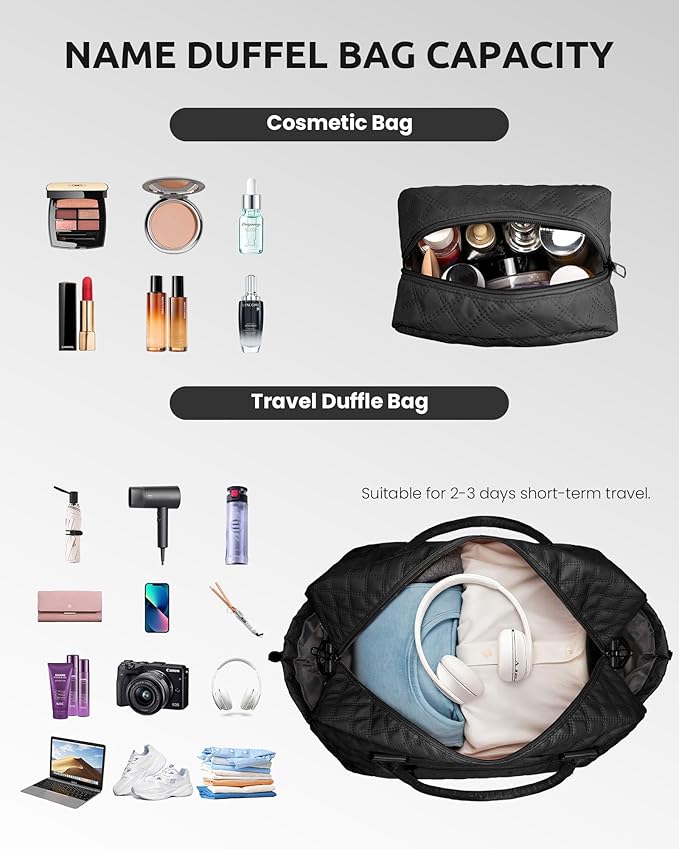 Initial Duffle - Personalized Monogram Travel Bag with Shoulder Strap - Women Overnight Bag with Wet Pocket - Makeup Bag Gift