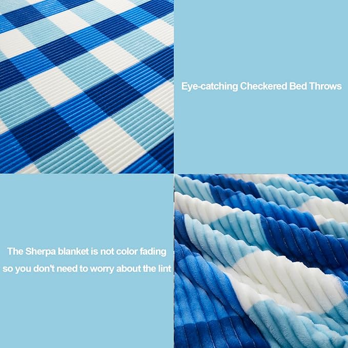 PU MEI Sherpa Blanket Twin Plaid Thick Bed Blanket, 60”*80” Super Soft Flannel Fuzzy Fleece Reversible Velvet Plush Warm Blanket for Couch (Blue Check, 60"*80")