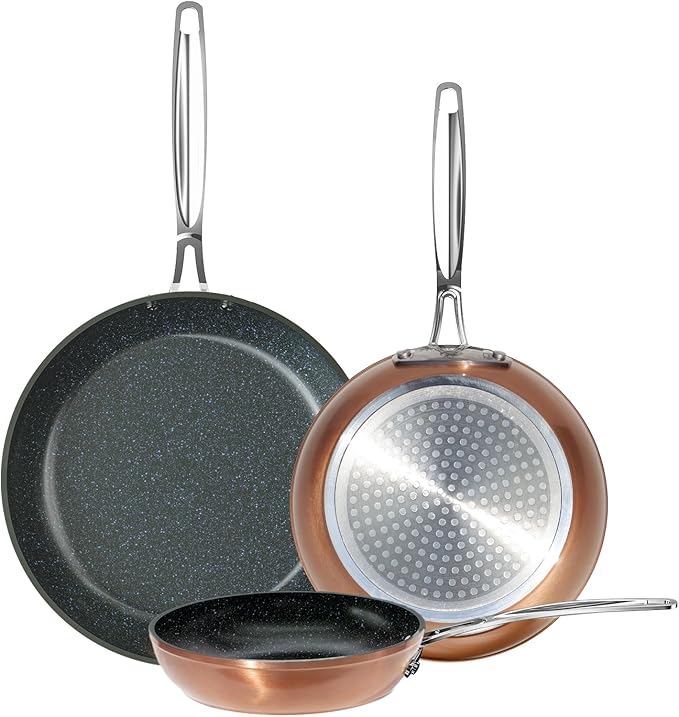 Nuwave 3-Piece 8”, 10”, 12” Forged Lightweight Frying Pan Set, G10 Healthy Duralon Blue Ceramic Ultra Non-Stick, Ergonomic Stay-Cool Handles, Induction-Ready & Works on All Cooktops