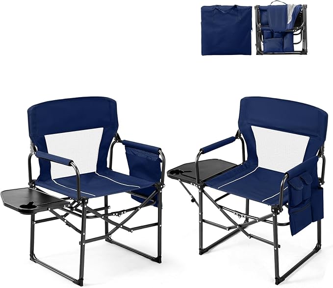 VINGLI Camping Chairs, Directors Chair, Camping Chair with Side Table & Carry Bag，Heavy Duty Camping Chairs for Adults,Portable Folding Camping Chair 2 Pack, for Beach, Fishing,Trip,Picnic,Lawn-Blue