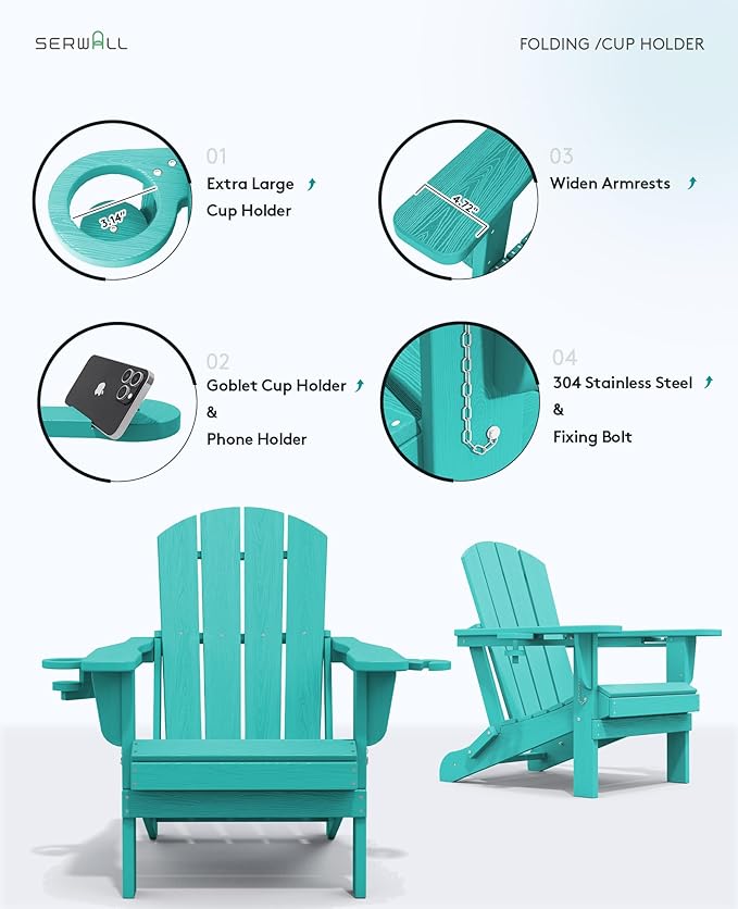 SERWALL Adirondack Chair with Cup Holders - Composite Adirondack Chairs Set of 6 HDPE Outdoor Chairs All Weather Use- Aruba