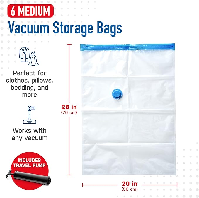6 Pack Medium Vacuum Storage Bags for Comforters, Blankets & Clothes –Vacuum Sealed Compression Bags with Hand Pump – Space Saver Storage Bags for Bedding, Moving, Travel & Organization