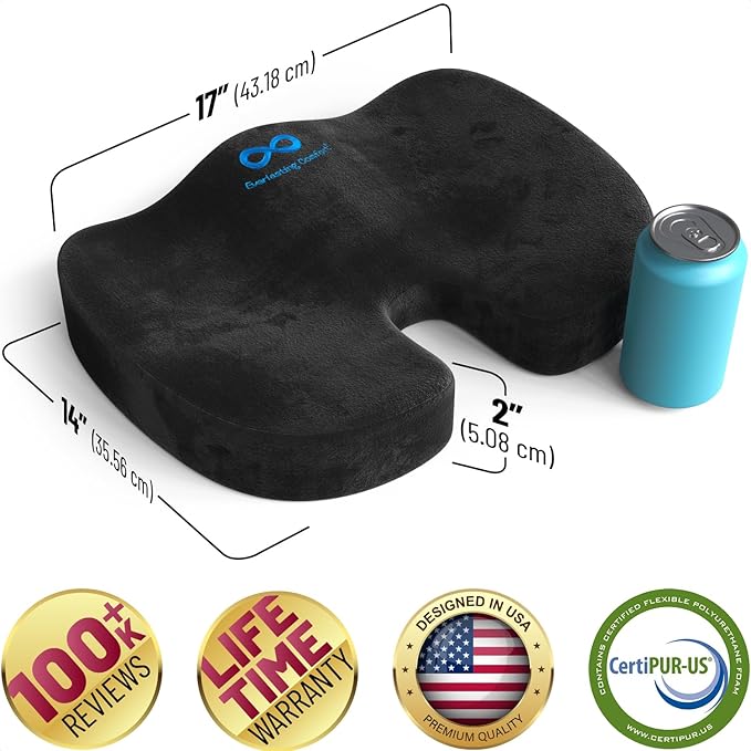 Everlasting Comfort Doctor Recommended Memory Foam Seat Cushion for Office Chairs & Car Seat - Ergonomic Office Desk Accessories for Tailbone Pain Relief, Sciatica & Back Support